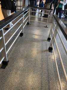 This image shows the railings that define the line for ordering food. It shows the sharp turns and how it could be hard to navigate.